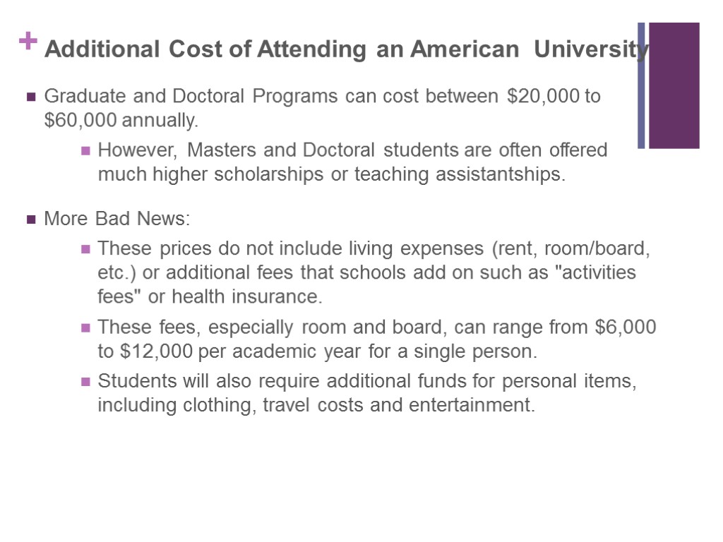 Additional Cost of Attending an American University Graduate and Doctoral Programs can cost between